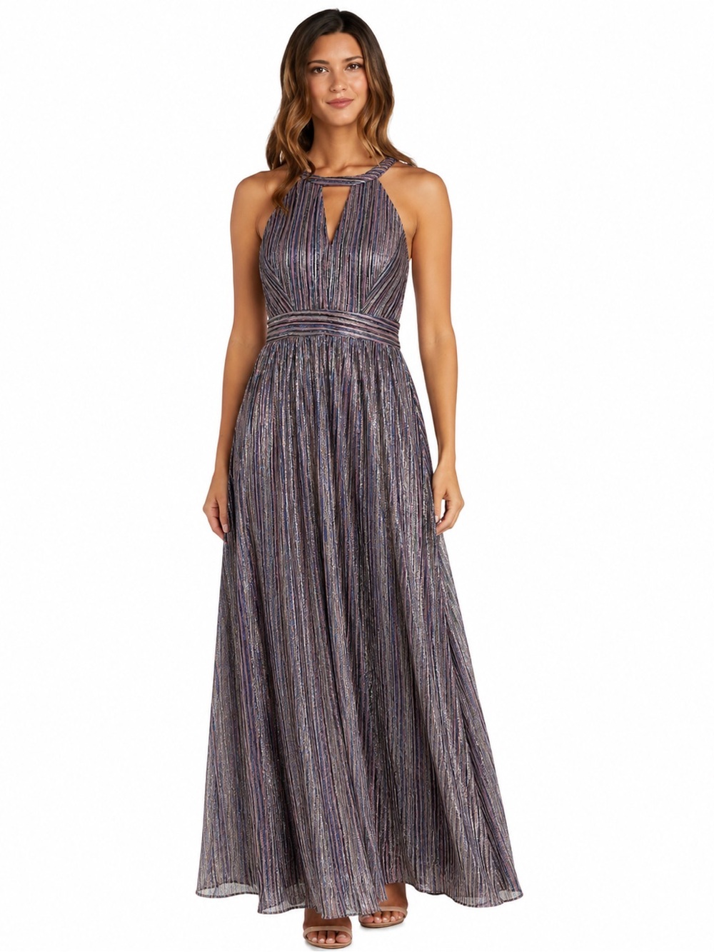 Nightway Metallic Stripe Halter Maxi Dress Size 14 Open Back Formal Evening Gown